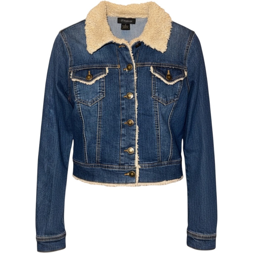 Sherpa Trim Denim Trucker Jacket Blue Medium Boho Western Fall Ranch Layering